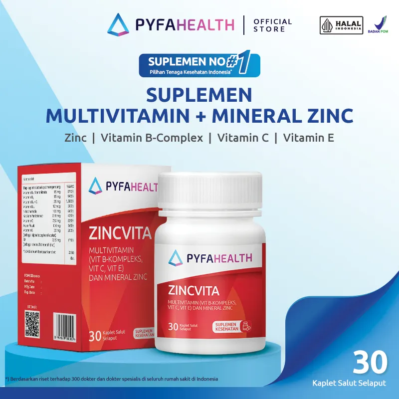 [HALAL BPOM] Pyfahealth ZincVita Multivitamin + Mineral Zinc 30 Kaplet | Suplemen dengan Kandungan Multivitamin & Mineral Zinc | Menjaga Kesehatan Jantung, Saraf, Otak, Kulit & Imunitas Tubuh