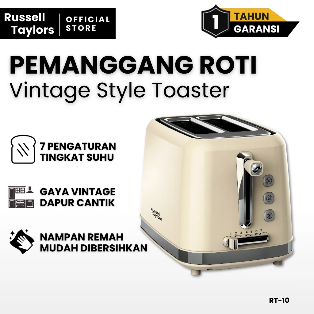 Russell Taylors RT10 Toaster Pemanggang Roti Estetik dengan 7 Pengaturan Kematangan Garansi Resmi 1 Tahun