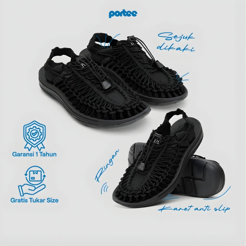 Sandal Pria Portee Loom Black – Traveling | Anti Slip Ringan | Tracking | Outdoor | Men Sandal