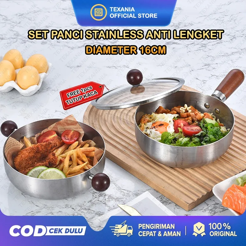 TEXANIA Set Panci Stainless Anti Lengket Diameter 16cm+FREE 1PCS TUTUP KACA