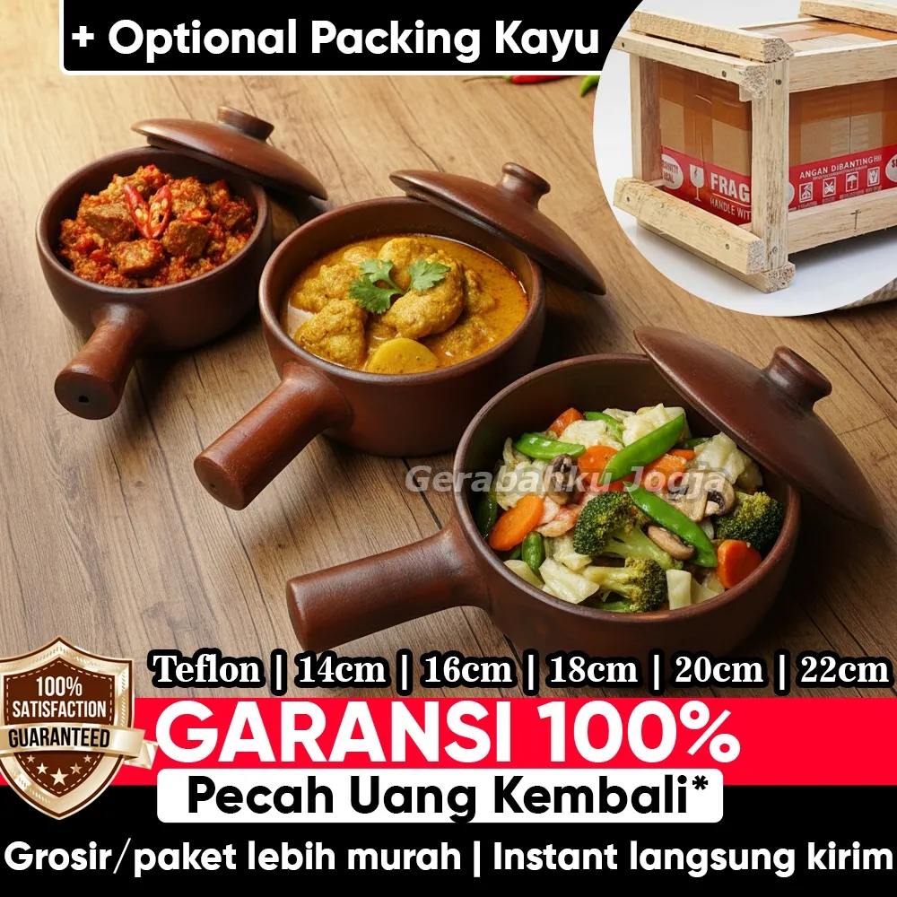 Teflon Gerabah Tanah Liat Asli – Panci Sapo Seblak Bakar / Bubur Bakar – 14cm 16cm 18cm | Gerabahku Jogja