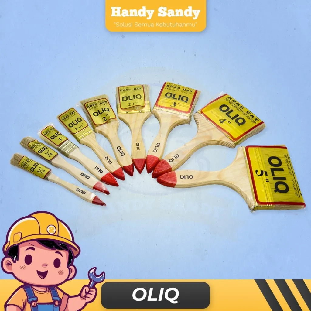 OLIQ Kuas Cat Tukang Bangunan - Gagang Kayu 9 Ukuran Kuas 1/2" inch - 5" inch