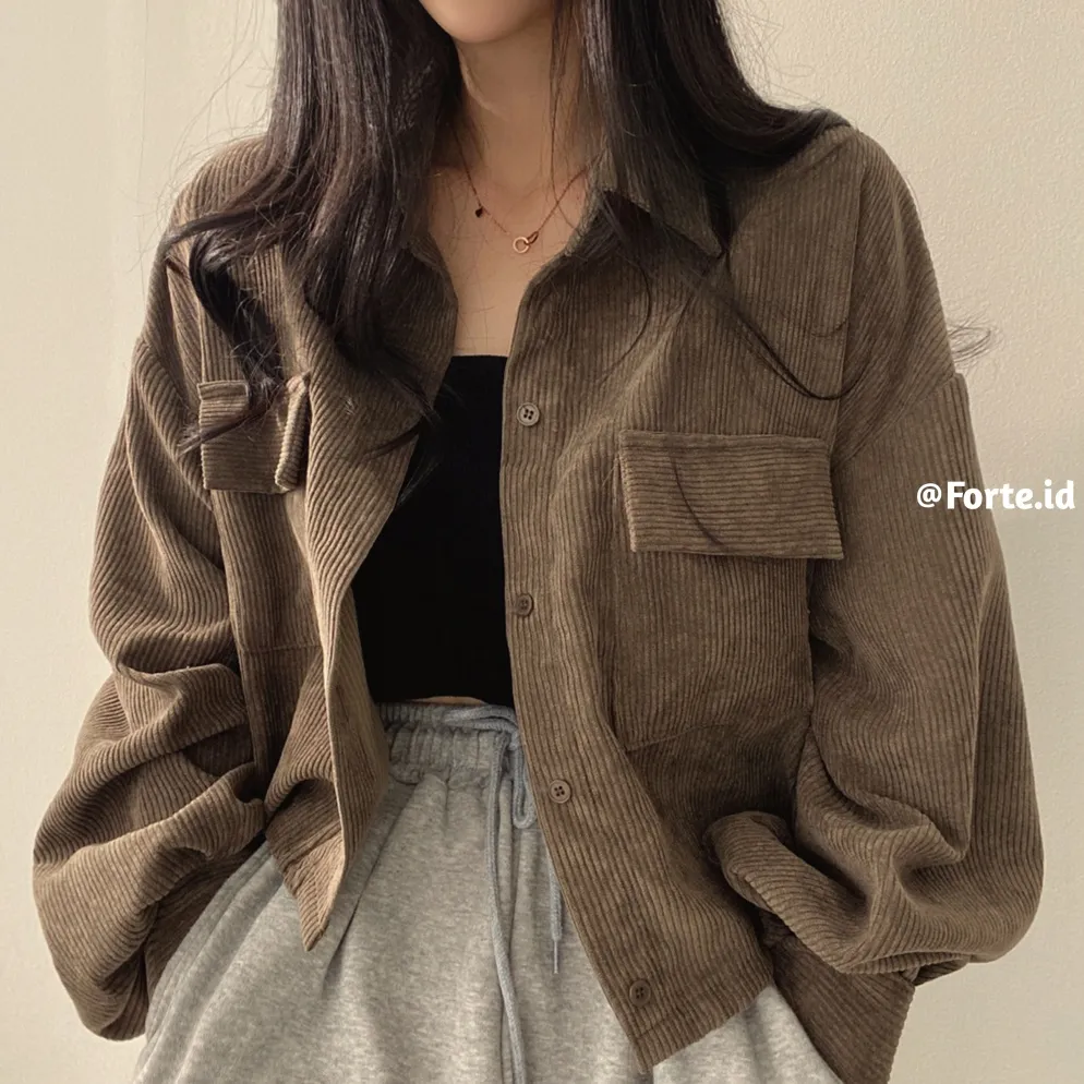 Jaket Corduroy Wanita Outer Crop Jacket Hitam Korean Retro Style Vintage Pakaian Wanita