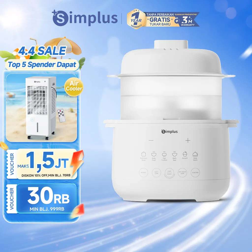 Simplus Slow Cooker Listrik 1L Panci Rebus dan Kukus dengan Menu Preset Cerdas untuk MPASI Bubur Bayi