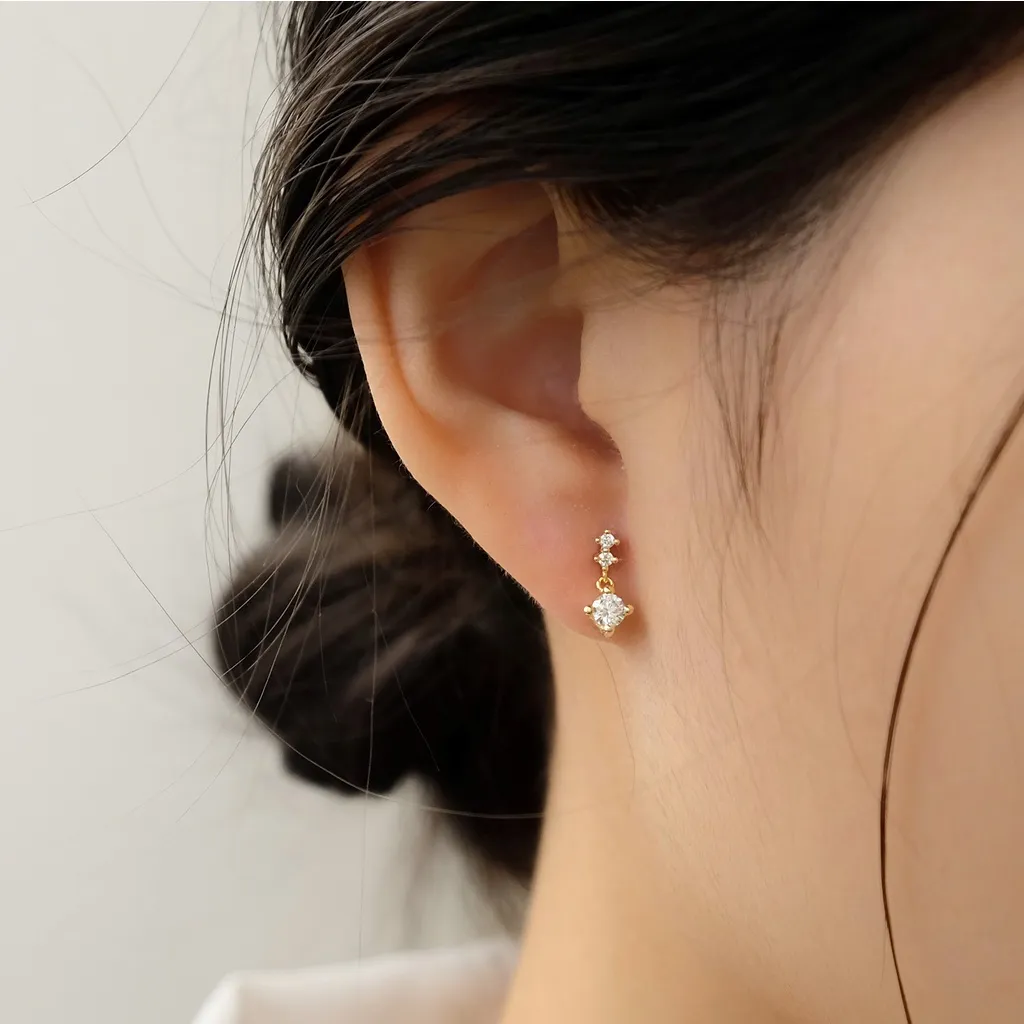 Dainty Three Zirconia Drop Stud Earrings — 14K Gold Plated S925 Sterling Silver Anting Stud Anti Karat
