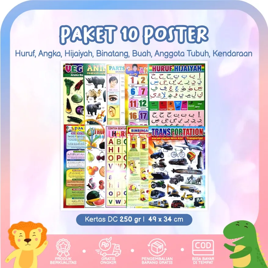 Paket 10 Poster Dinding Anak Belajar Edukasi Gambar ABC Angka Hijaiyah Hewan Buah Tubuh Kendaraan