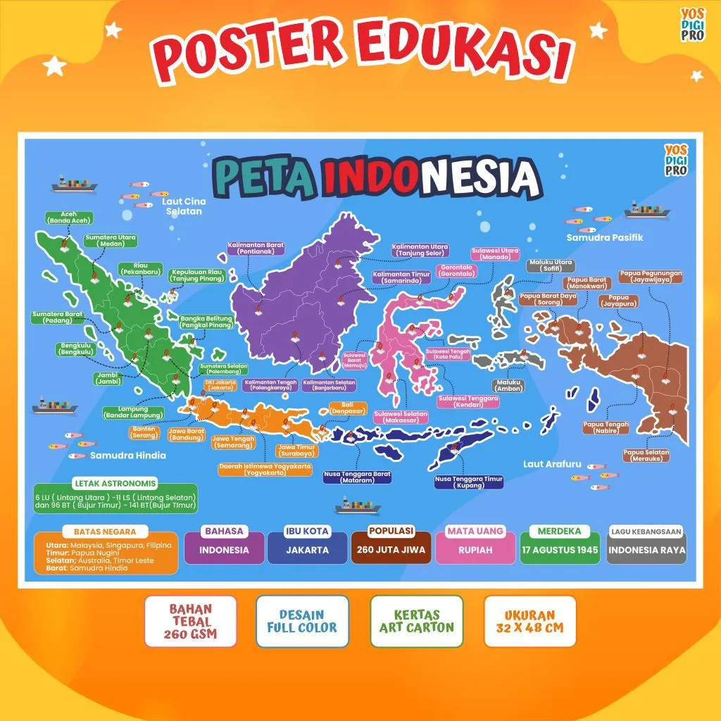 Poster Edukasi Anak Belajar Peta Indonesia, Desain Menarik full Color