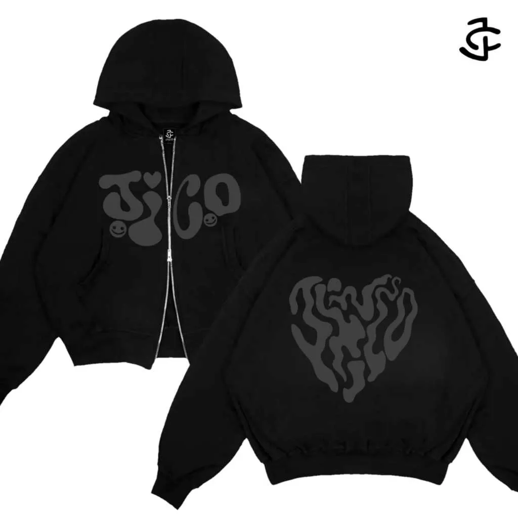 JICO - Sweater Hoodie Boxy Zipper DOUBLE ZIP Unisex Oversize Sablon LOVE Abu Warna Hitam