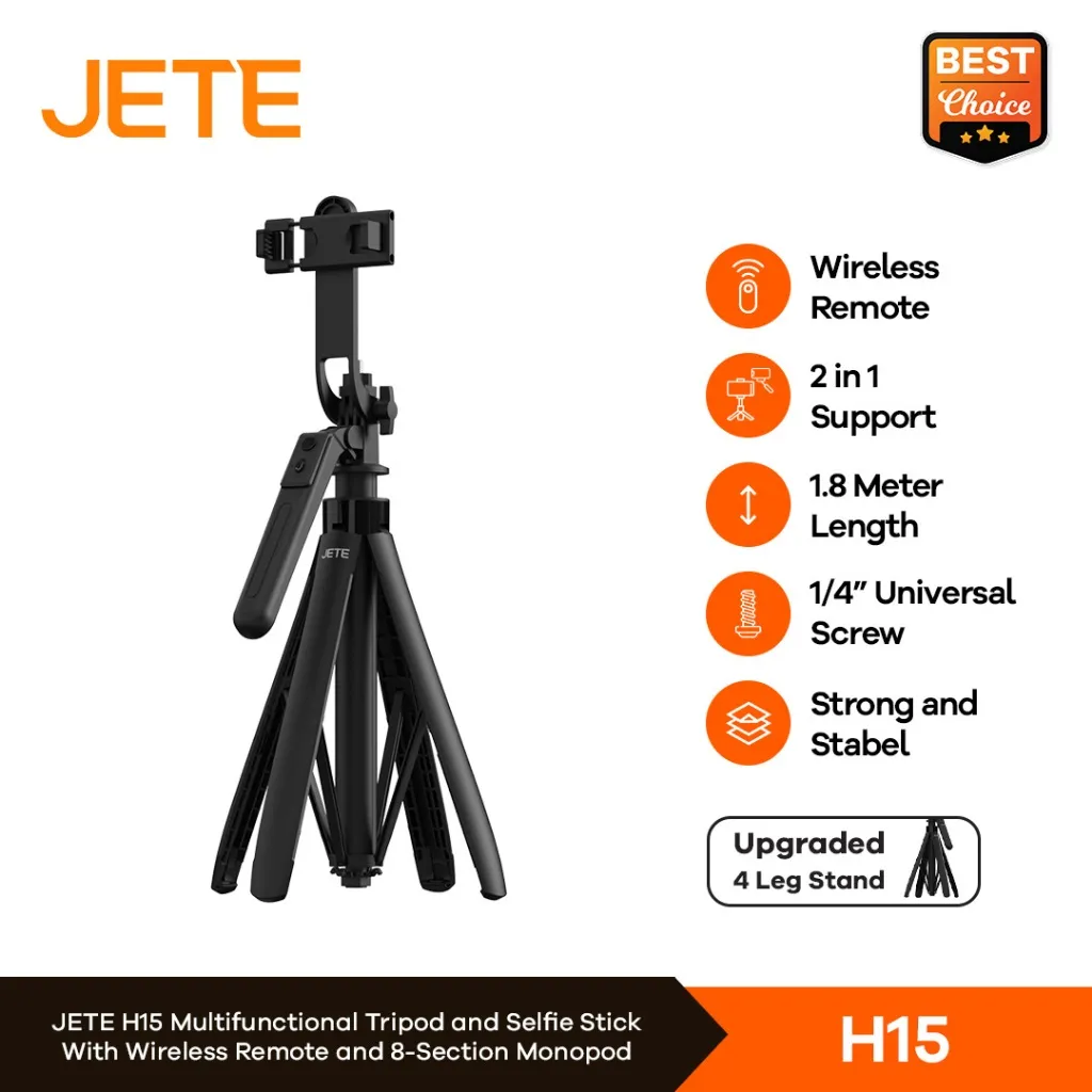 JETE Tripod Bluetooth H15 Portable Tongsis Selfie Stick 1.8m With Postel Wireless Remote Action Kamera HP