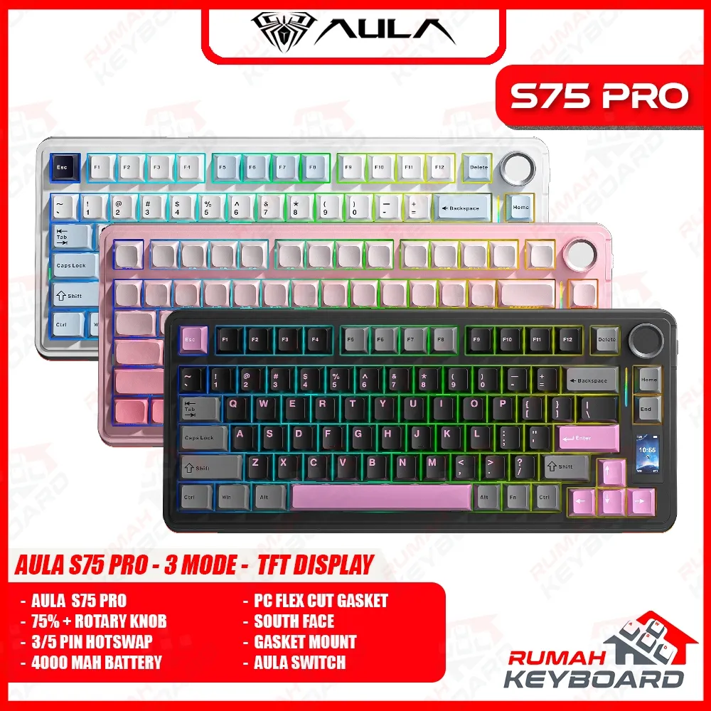AULA S75 PRO - 75% - 3 Mode Connection - TFT Display - Gasket - South Face- Mechanical Keyboard