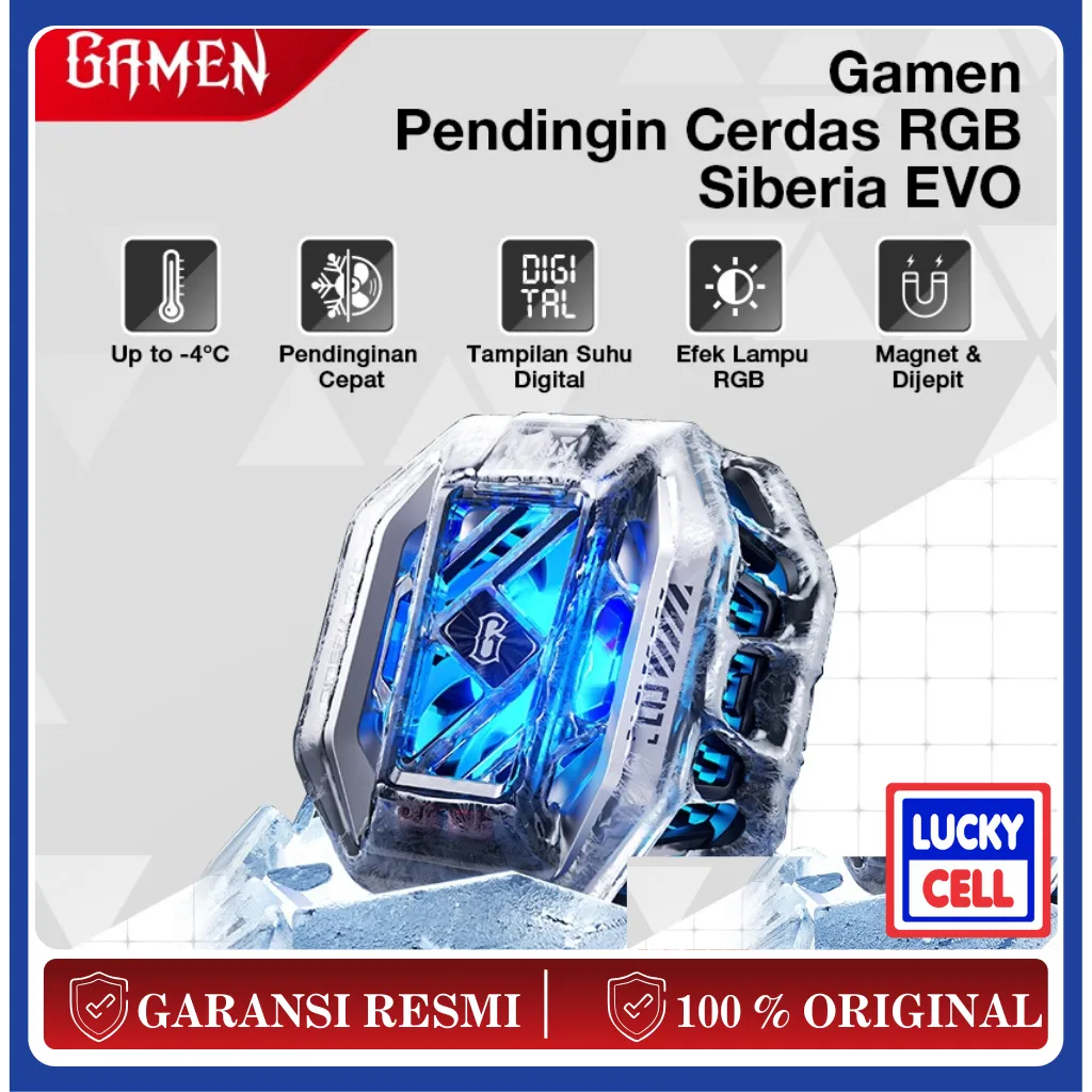 GAMEN Siberia Evo Fan Cooler Hp Gaming Magnetic RGB Light Up to -4°C LED Display Dengan Klip Penjepit Kipas Hp Original - Garansi 1 Tahun Lucky Cell Aksesoris