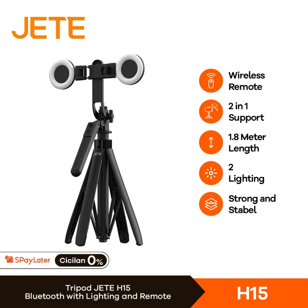 JETE Tripod Bluetooth H15 Portable Tongsis Selfie Stick 1.8m With Ring light Postel Wireless Remote Action Kamera HP