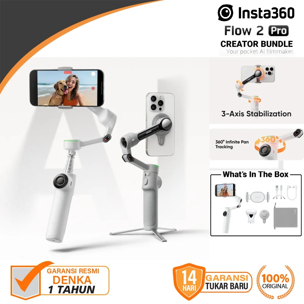 Insta360 Flow 2 Pro AI Tracker / Creator / Standard Standalone - Insta 360 Flow 2 Standard Bundle / AI Tracker Kit Gimbal Stabilizer Smartphone HP Garansi Resmi