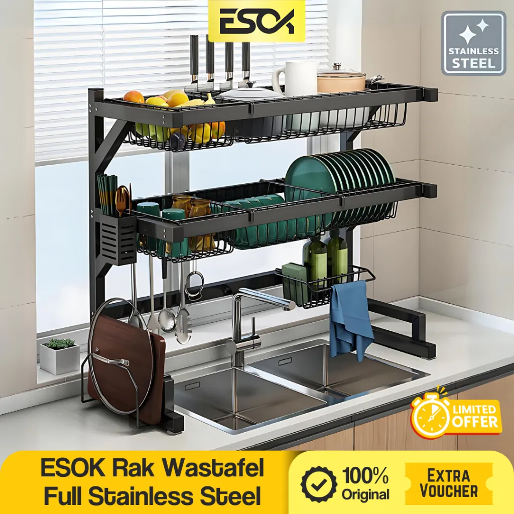 ESOK Rak Cuci Piring Dapur Stainless Hitam Rak Wastafel Rak Piring Dan Peralatan Dapur Kokoh Kuat