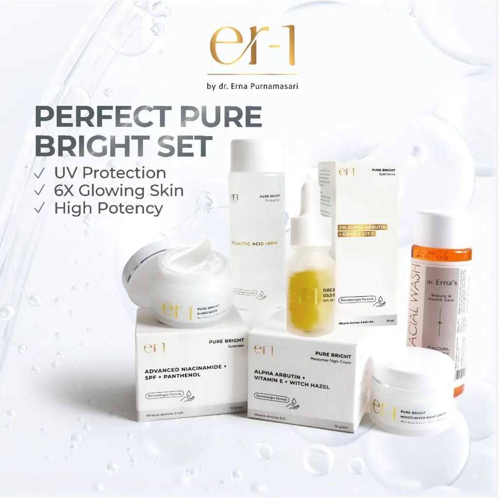 er-1 by dr. Erna Perfect Pure Bright Set 5 Pcs - Paket Skincare Brightening Pemutih - Serum Night Cream Day Cream Sunscreen Facial Wash Cleanser Toner Wajah-PB5