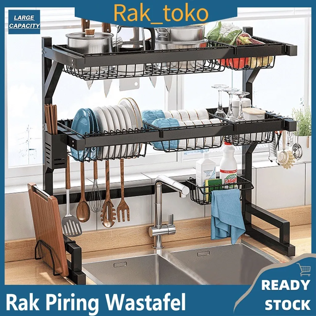 Rak Piring Wastafel Stainless Steel Hitam Peralatan Dapur Kokoh Kuat Rak Cuci Piring Dapur