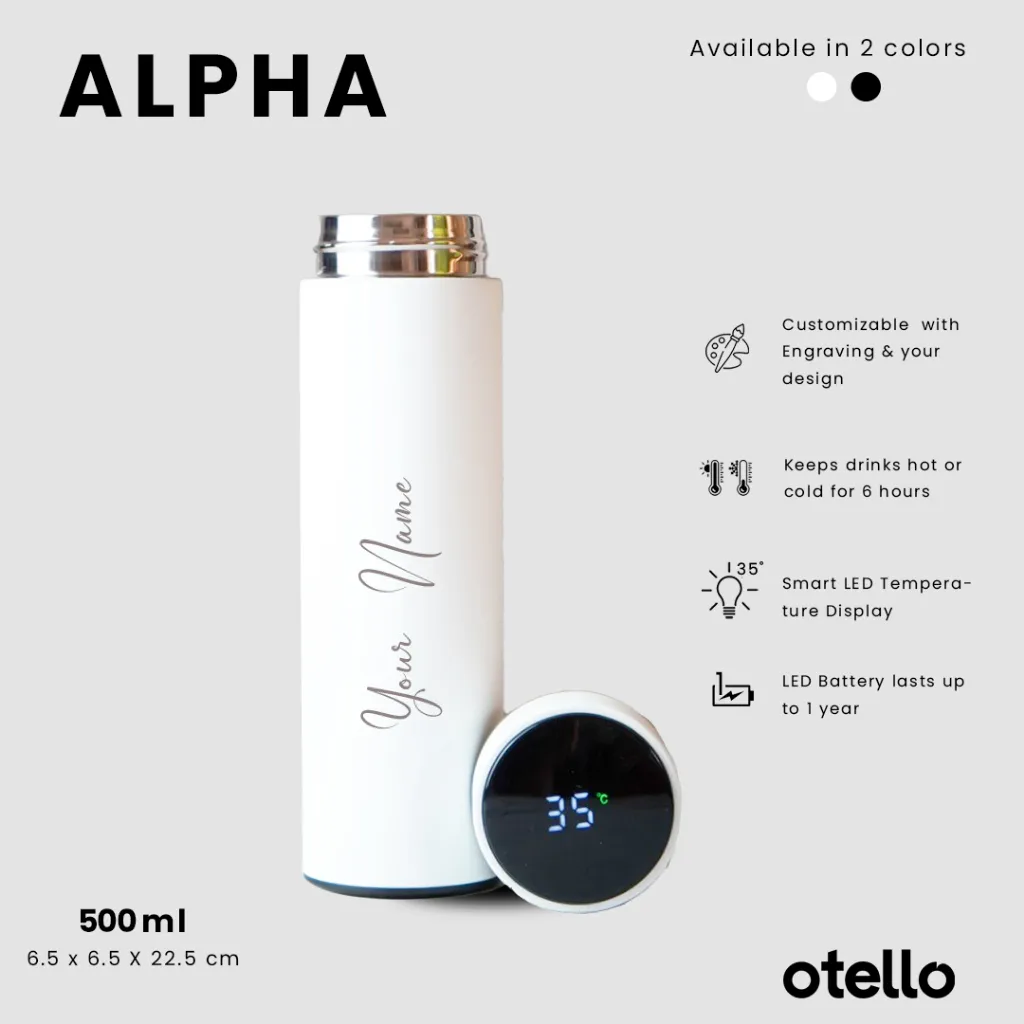 Otello - Custom Tumbler LED Suhu Grafir Nama Alpha Smart Tumblr 500ml Kustom Tambler Botol Minum Stainless