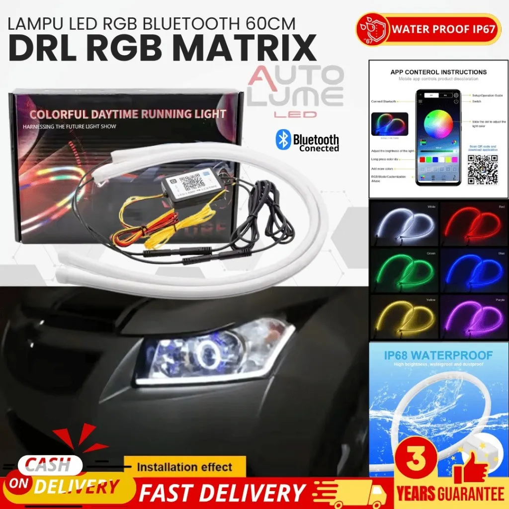 Autolume - LAMPU ALIS RGB UNIVERSAL MOTOR MOBIL - Lampu DRL RGB Bluetooth 60CM - Strip Fleksibel, Sein Running, 12-24V | Garansi 3 Tahun,Dekorasi lampu LED, aksesori mobil DIY
