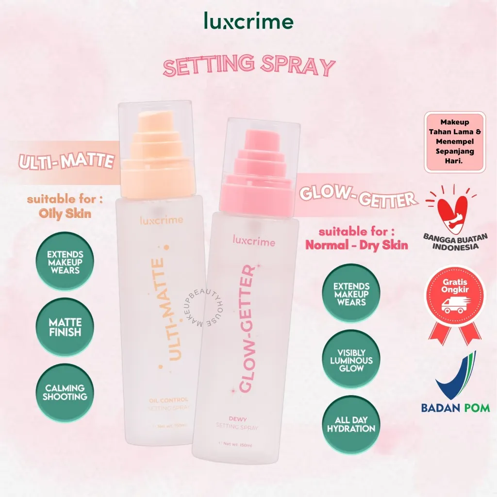 LUXCRIME Setting Spray - Ulti-Matte Oil Control | Glow-Getter Dewy 50ml/ 100ml