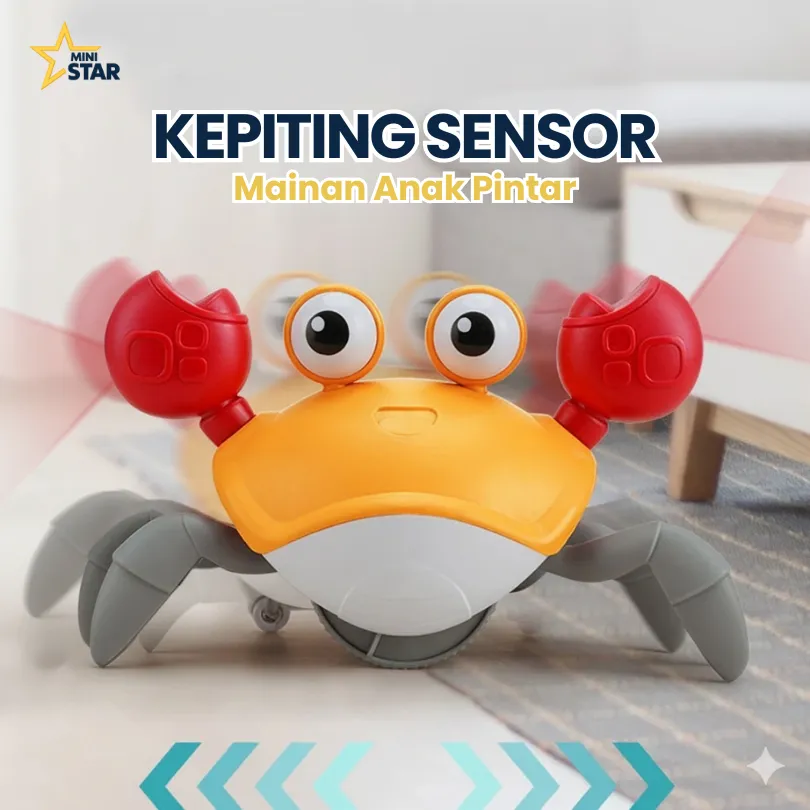 MINISTAR Mainan Kepiting Baterai Lari Sensor Musik & Lampu Lucu – Mainan Edukasi Anak Bayi Interaktif Rechargeable Terbaru 2025