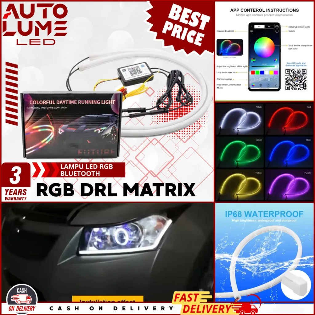 Autolume - LAMPU ALIS RGB UNIVERSAL MOTOR MOBIL - Lampu DRL RGB Bluetooth 60CM - Strip Fleksibel, Sein Running, 12-24V | Garansi 3 Tahun,Dekorasi lampu LED, aksesori mobil DIY