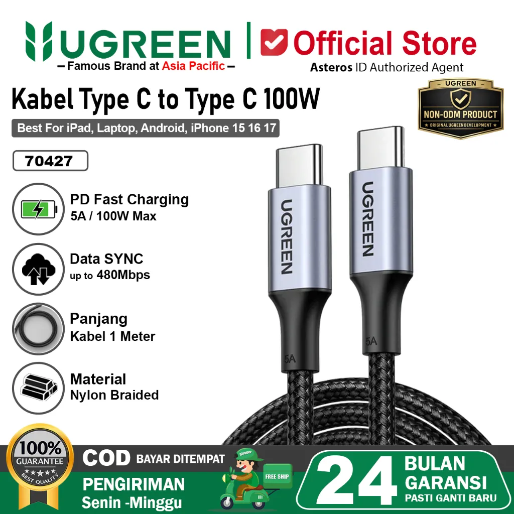 UGREEN Kabel Data USB Type C to Type C Nylon Braided PD Fast Charging 100W Max 5A 1 Meter 2 Meter