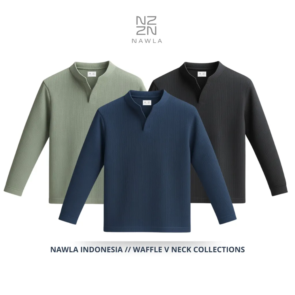 Nawla - Baju Atasan Pria Lengan Panjang Bahan Waffle kerah v neck Kaos Uniqlo | Kaos H&M | Kaos Zara