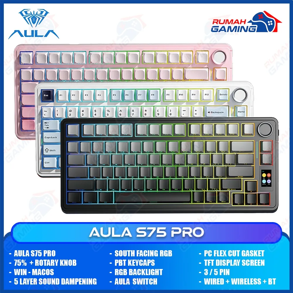 AULA S75 PRO - 75% - 3 Mode Connection - TFT Display - Gasket - South Face- Mechanical Keyboard