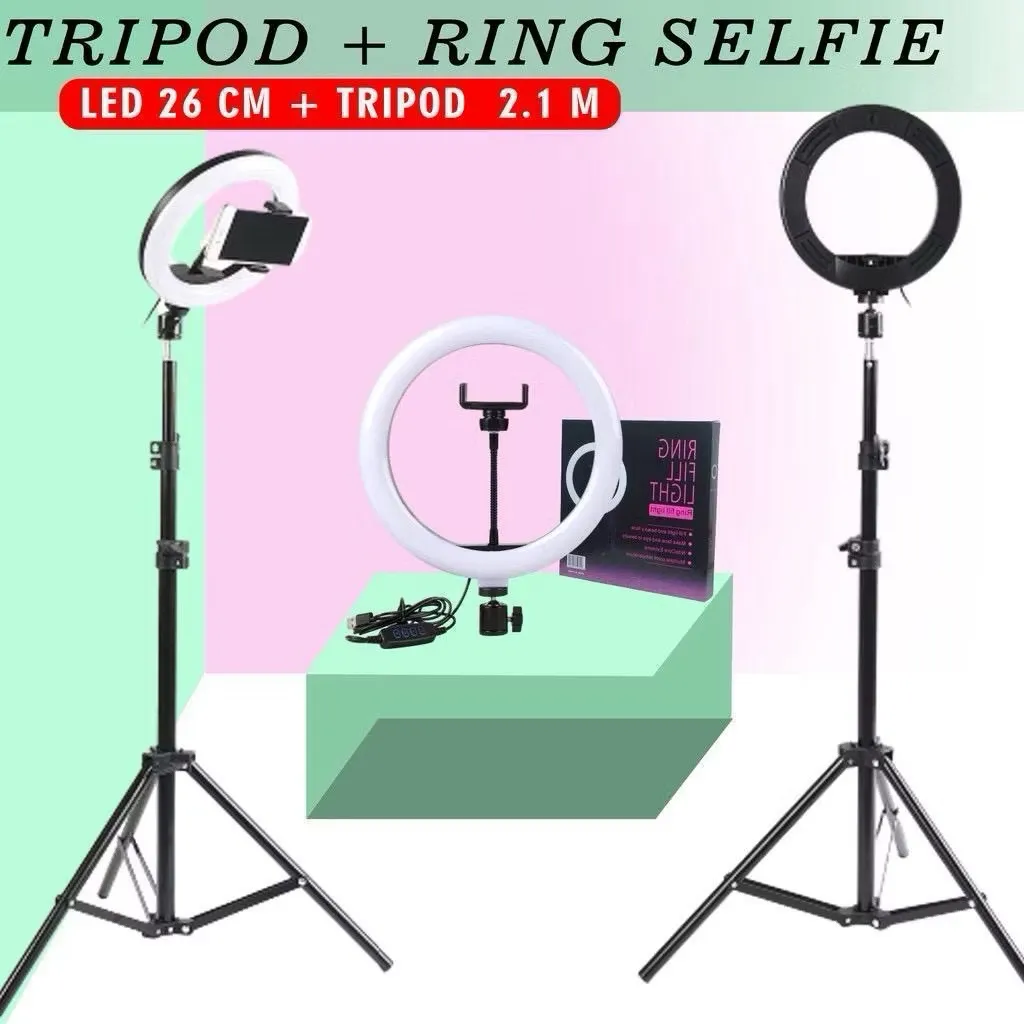 Paket Lengkap Ring Light 26cm + Tripod 2.1M untuk Selfie Live Streaming Foto Studio Vlog Live Tiktok