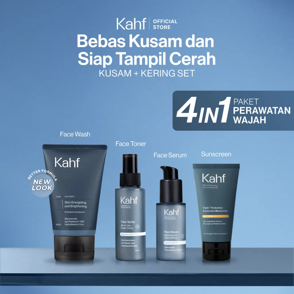 KAHF BRIGHTENING MEN'S CARE CERAH BEBAS KUSAM BUNDLE 4IN1 SKIN CARE SET - Face Wash Sabun Cuci Muka, Toner, Serum, Moisturizer Sunscreen - Paket Perawatan untuk Wajah Cerah & Glowing Maksimal Cocok untuk Kulit Kusam