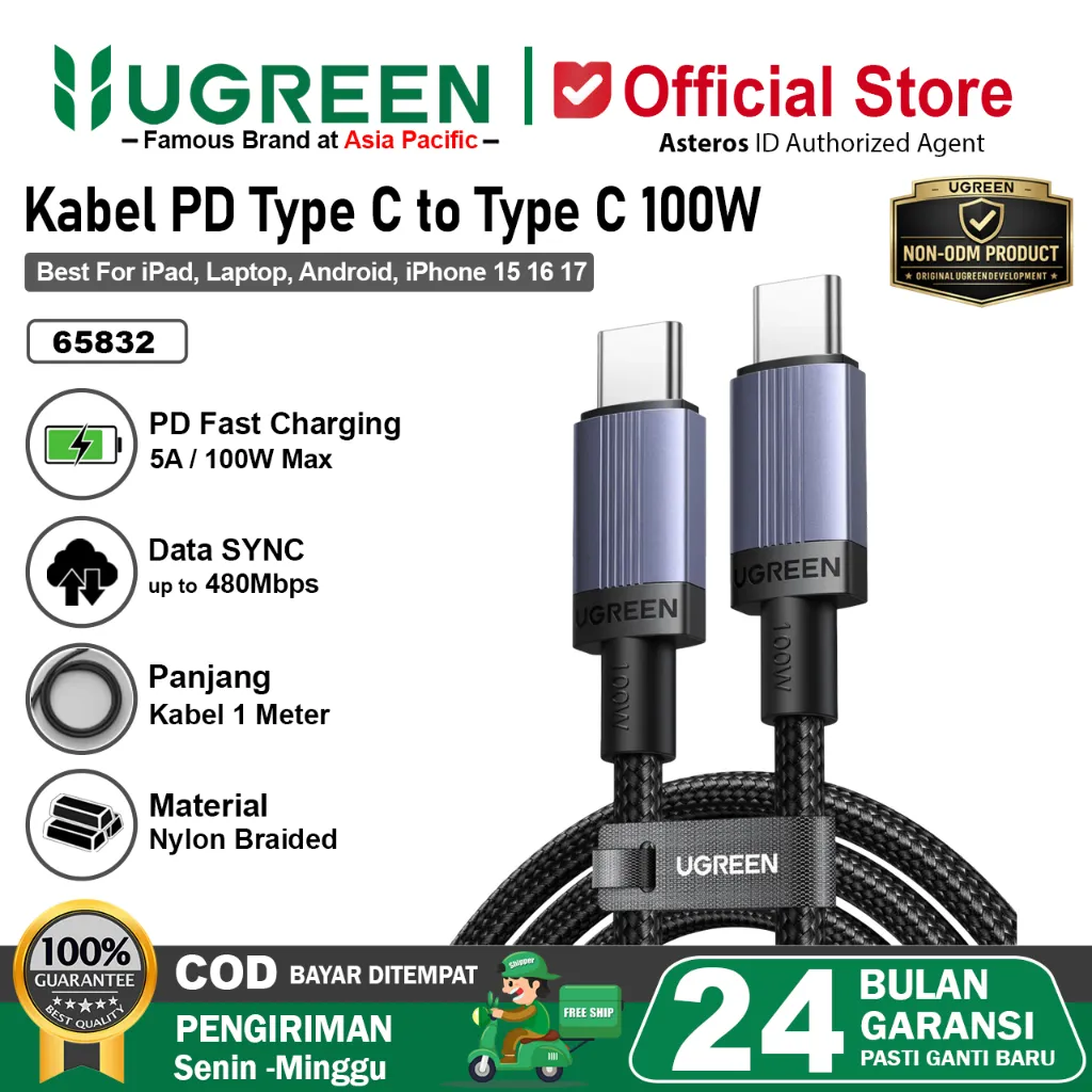 UGREEN Kabel Data Type C to Type C 100W Fast Charging PD 2.0 3A 5A 6583 1 Meter 2 Meter 3 Meter