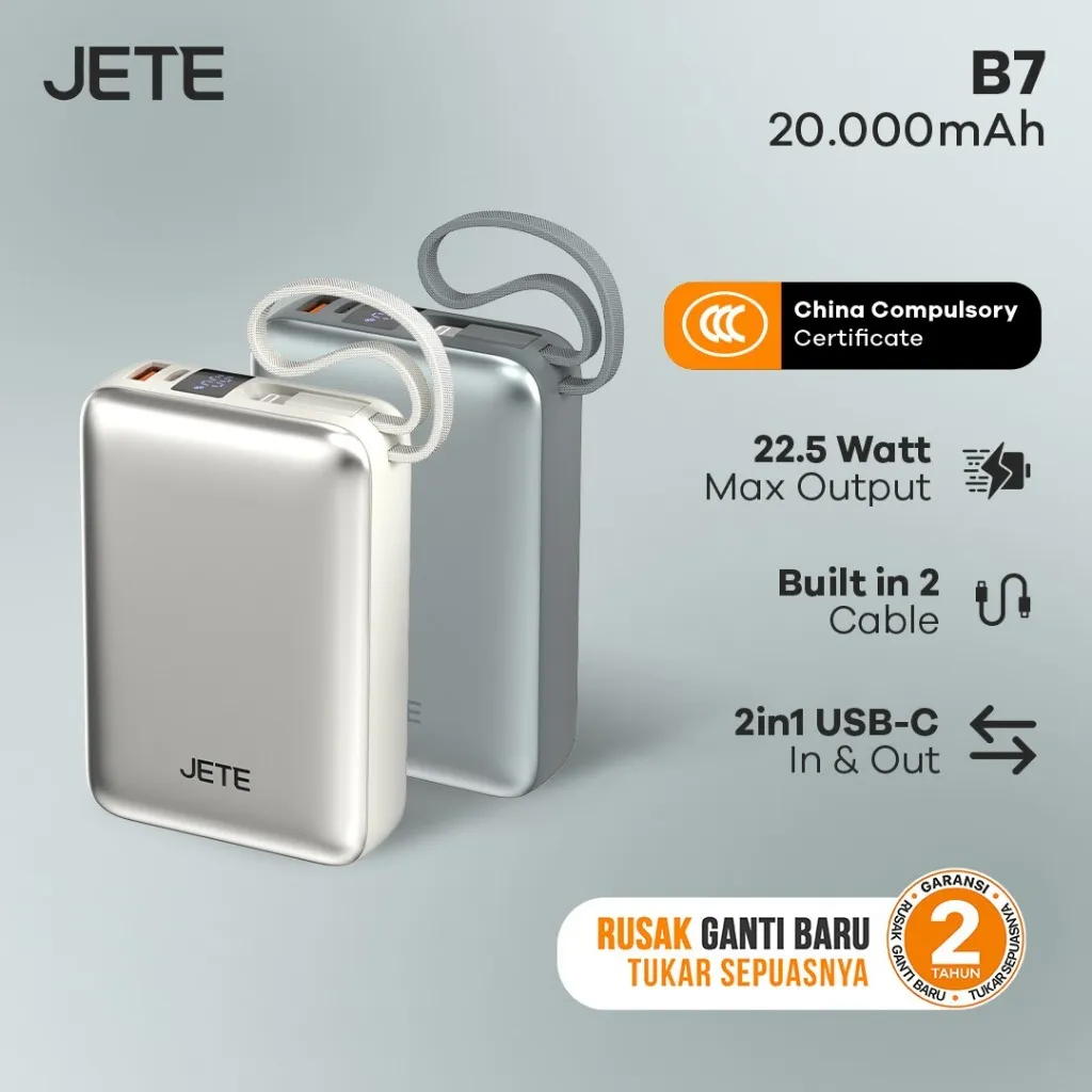 Sertifikat CCC JETE Powerbank B7 20000mAh 22.5W Fast Charging with LED Display Dual Cable Type C & Lightning Dual Port USB Power Bank