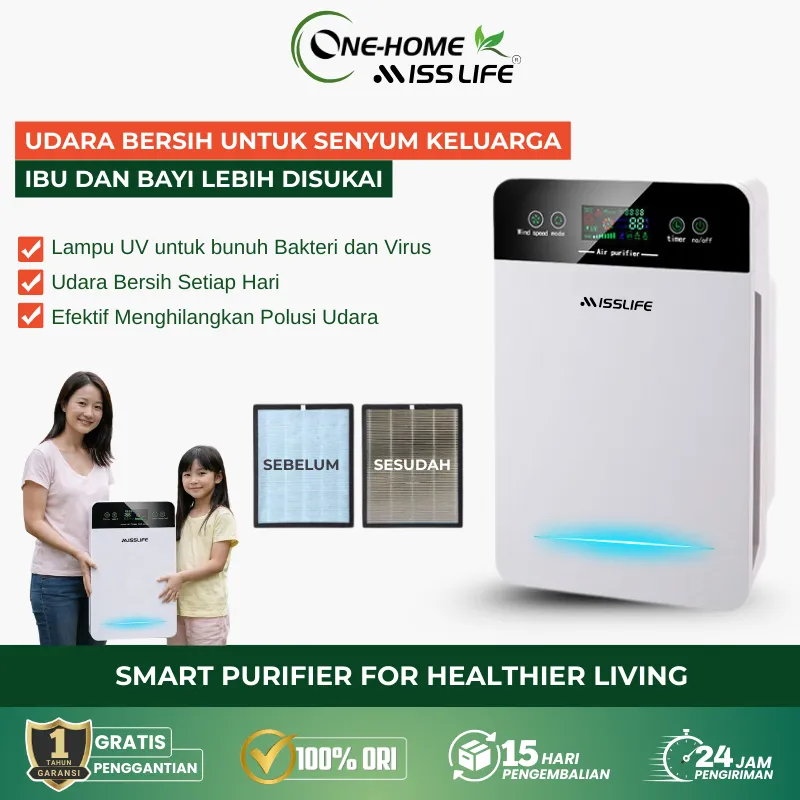 Miss Life Filter Udara Air Purifier Air Purifier K5 Terbaik dengan HEPA Filter 11 Original 100% Anti Alergen Mengatasi Bulu dan Bau Asap Cocok untuk Ruangan Besar Kamar Satu Set Komplit Garansi Resmi