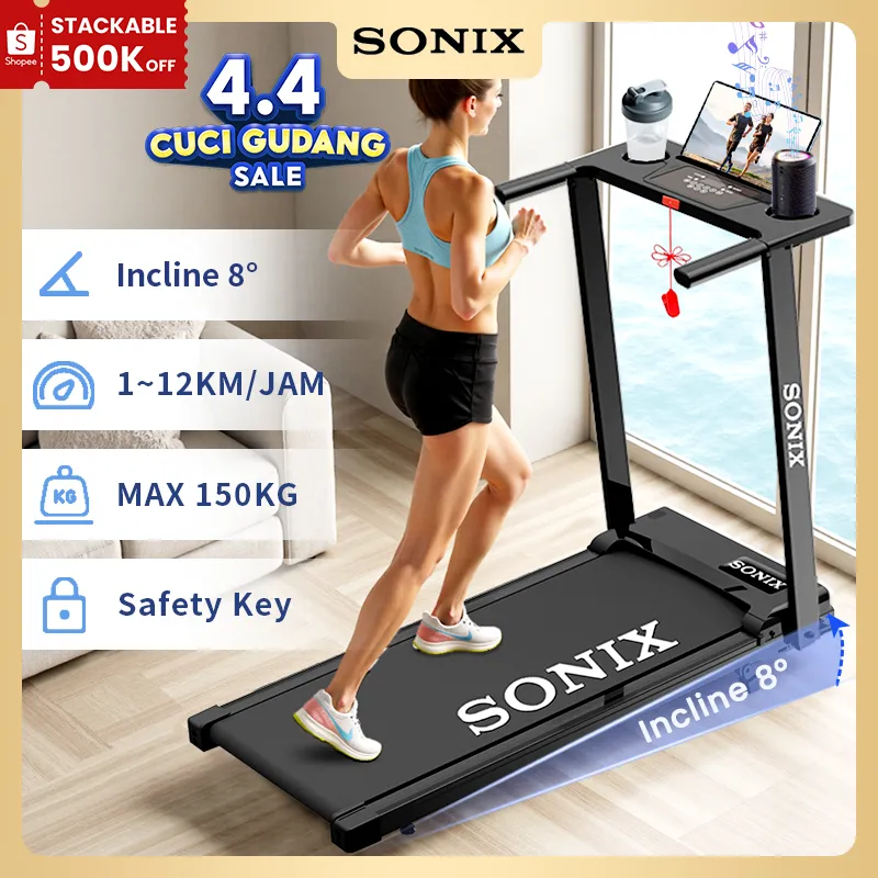 Sonix Incline Listrik Treadmill STR02 Dapat Dilipat Running Pad Max 150kg 8°Alat Olahraga Home Fitness Equipment Folding Treadmill Gym Safety Key Lock