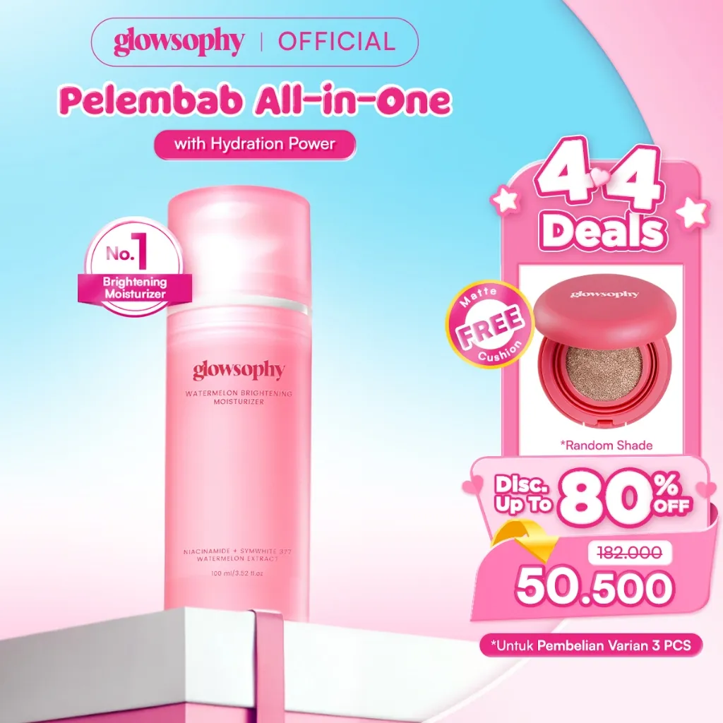 [3Pcs Free Cushion] Glowsophy Watermelon Brightening Moisturizer Gel 100ml - Pelembab Wajah Ringan Mencerahkan Kulit dan Meratakan Warna Kulit Kusam Krim Siang dan Malam Perawatan Kulit Ekstrak Watermelon Pelembab Esensi Wajah Perawatan Kulit Pembersih