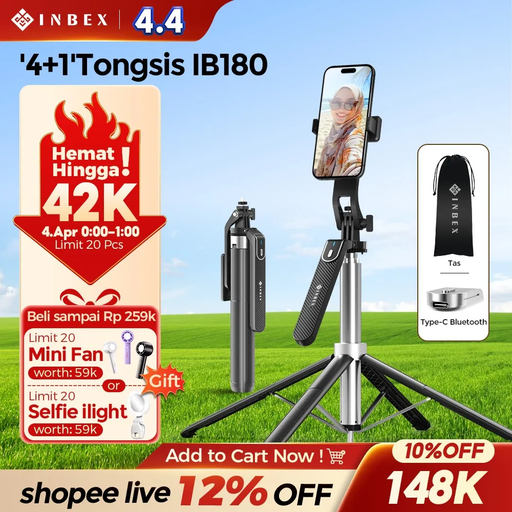 INBEX IB180 '4+1' Tongsis Tripod Bluetooth Quadpod 1.8m tripod konten kreator handphone portable Fill light Selfie Stick Bluetooth Tongsis