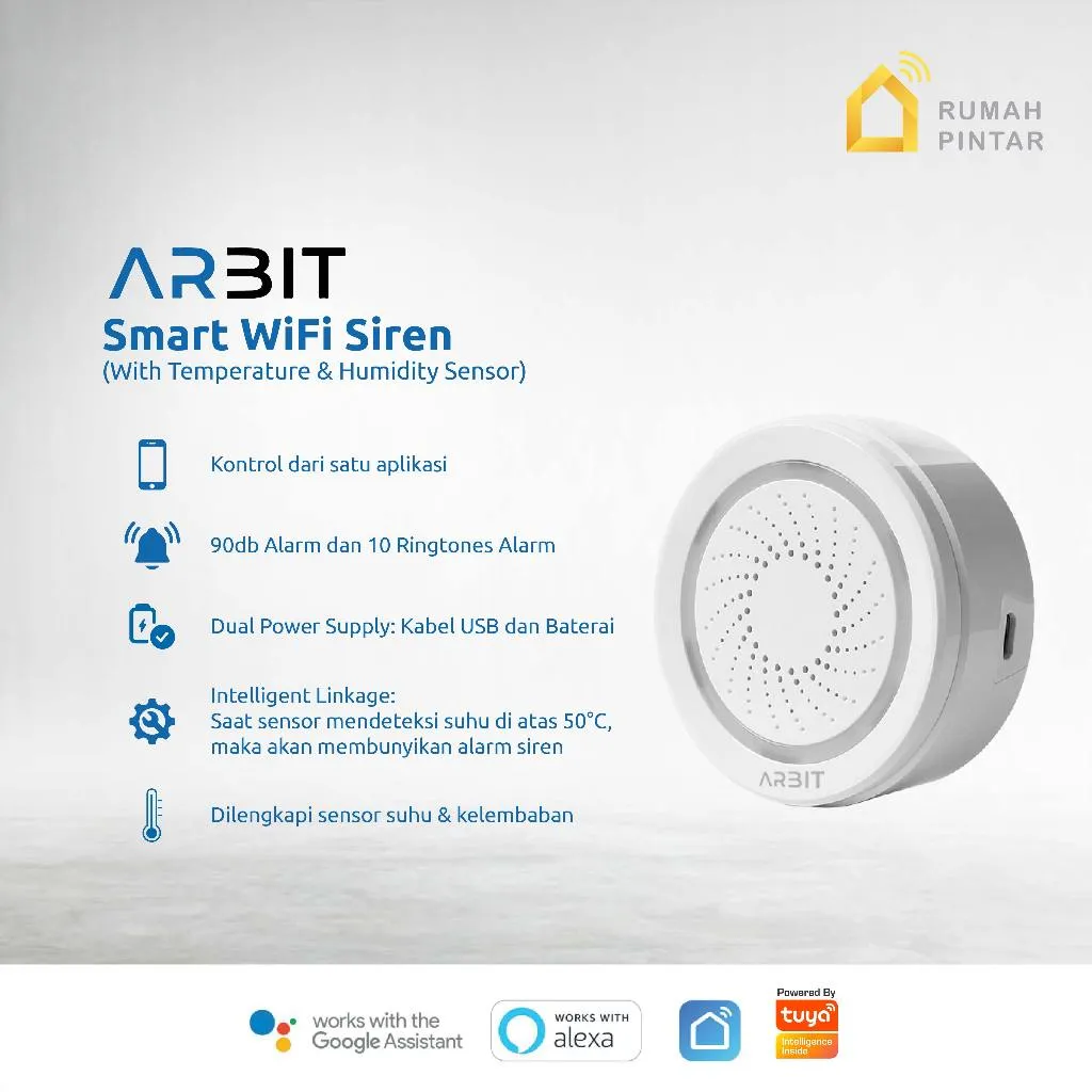ARBIT WiFi Siren Sirene Alarm Pintar Security Smart Home with Temperature & Humidity Sensor