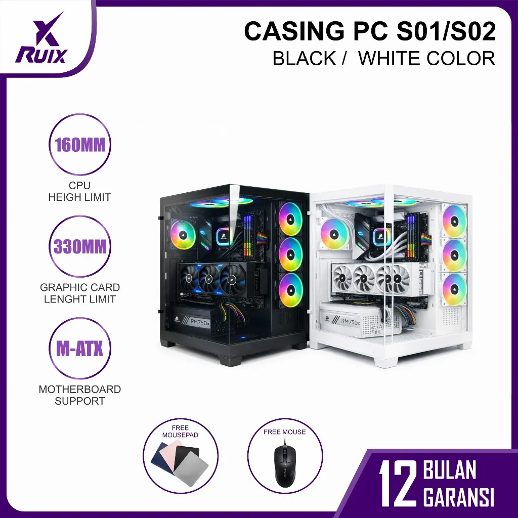 Casing CPU PC Gaming S01 Black/S02 White ATX Mid Tower Panel Tempered Glass Fan RGB 3 Pcs