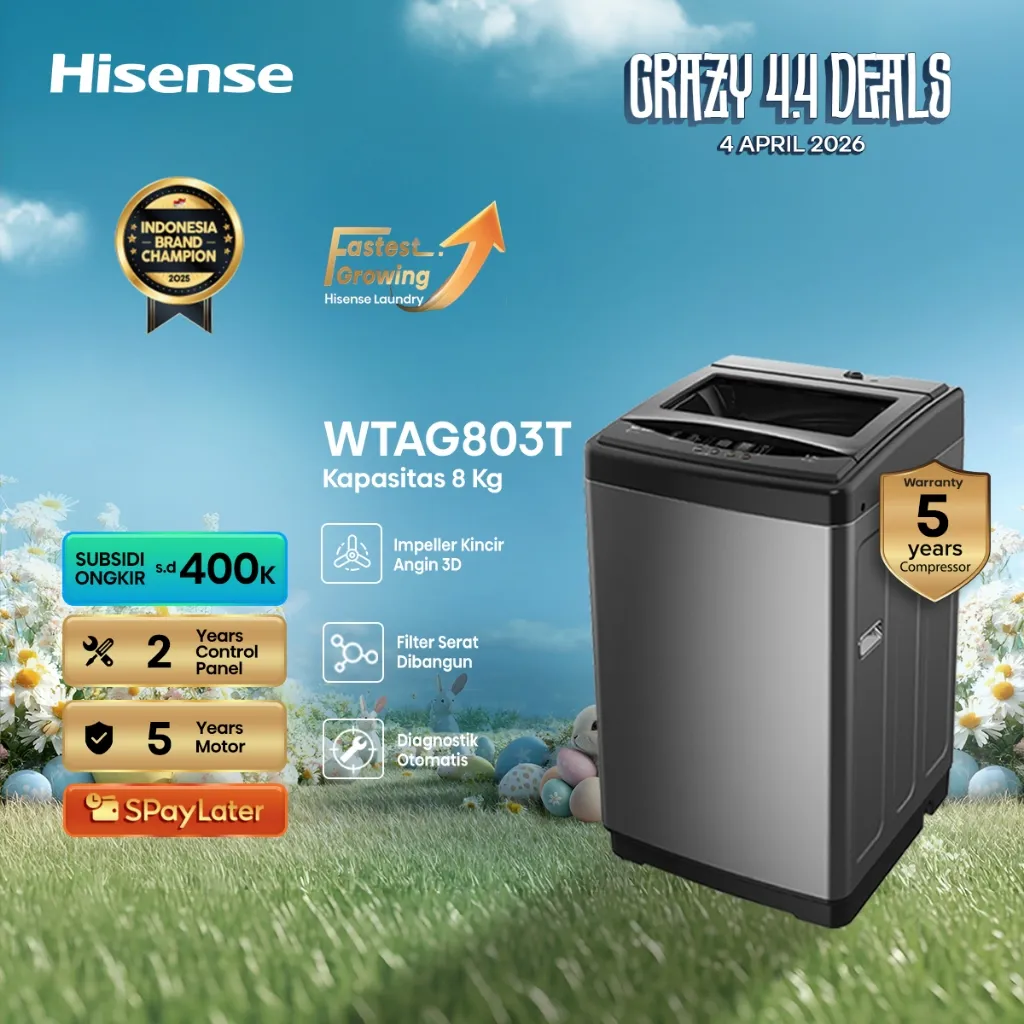 Hisense Mesin Cuci WTAG803T Top Loading Kapasitas 8KG 1 Tabung Bukaan Atas 3D Impeller Kincir Angin Filter Serat Dibangun Diagnostik Otomatis Self Clean Solid Glass Door 10 Precision Water Level Selection Control Panel User Friendly Washing Machine