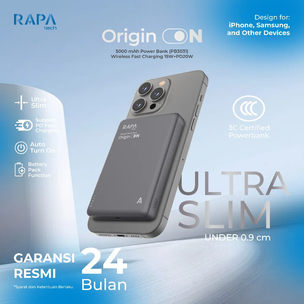RAPAtech Powerbank Origin On 10000 mAh/ 5000 mAh Wireless Fast Charging 15 W + PD 20W  ULTRA THIN Powerbank for iPhone 12 14 15 16 17 Magsafe