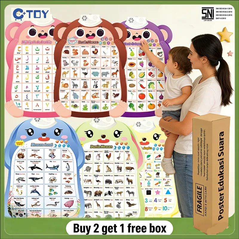 Poster Suara Dinding Anak 2 Bahasa Indonesia Inggris Edukasi Mainan Belajar Angka Huruf Usia 2-6 Tahun