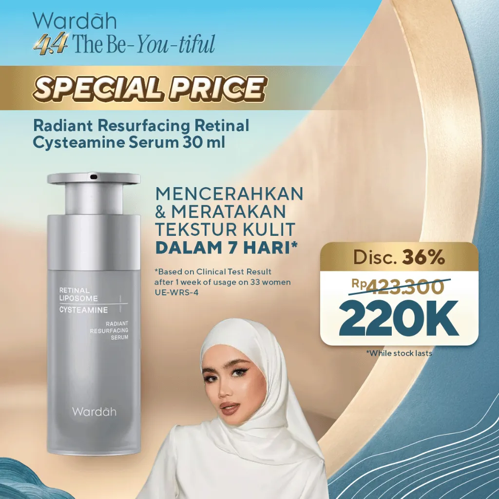 WARDAH Radiant Resurfacing Retinal Cysteamine Serum 30 ml - serum mencerahkan wajah, serum brightening, retinol, Peeling Eksfoliasi Wajah  Exfoliating Essence Mengangkat Sel Kulit Mati Membersihkan Anti Acne  Jerawat Mengencangkan  gloglowing skincare