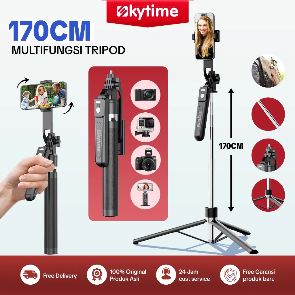 Skytime 180CM Selfie Stick Bluetooth Tongsis Tripod 4in1 LED Lamp BAG Remote Portabel Tripod Dengan 1/4 Adaptor Untuk HP Kamera DSLR - TR16S