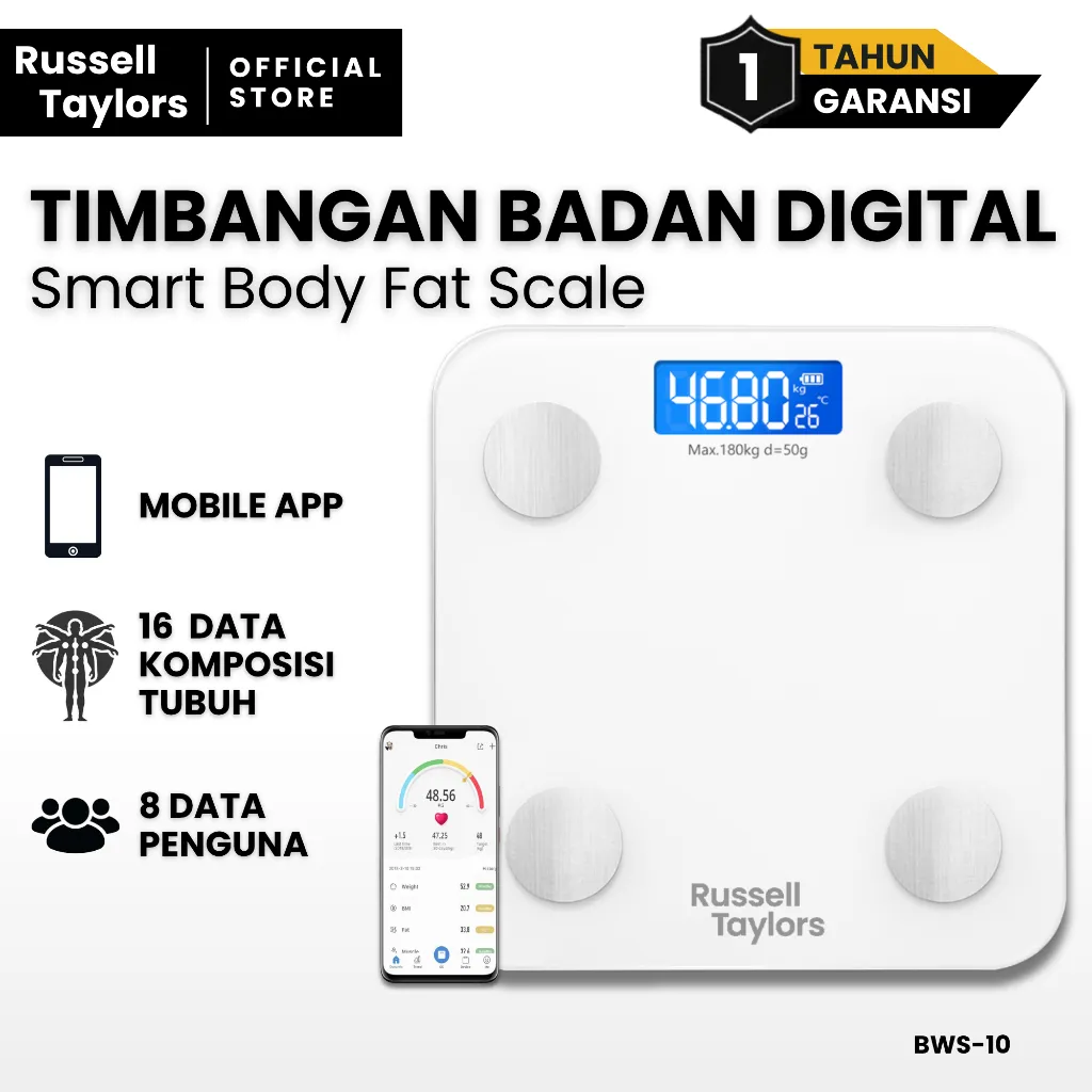 Russell Taylors Smart Body Fat Scale Timbangan Badan Digital 20 Data Tubuh Bluetooth BWS10 Garansi Resmi 1 Tahun
