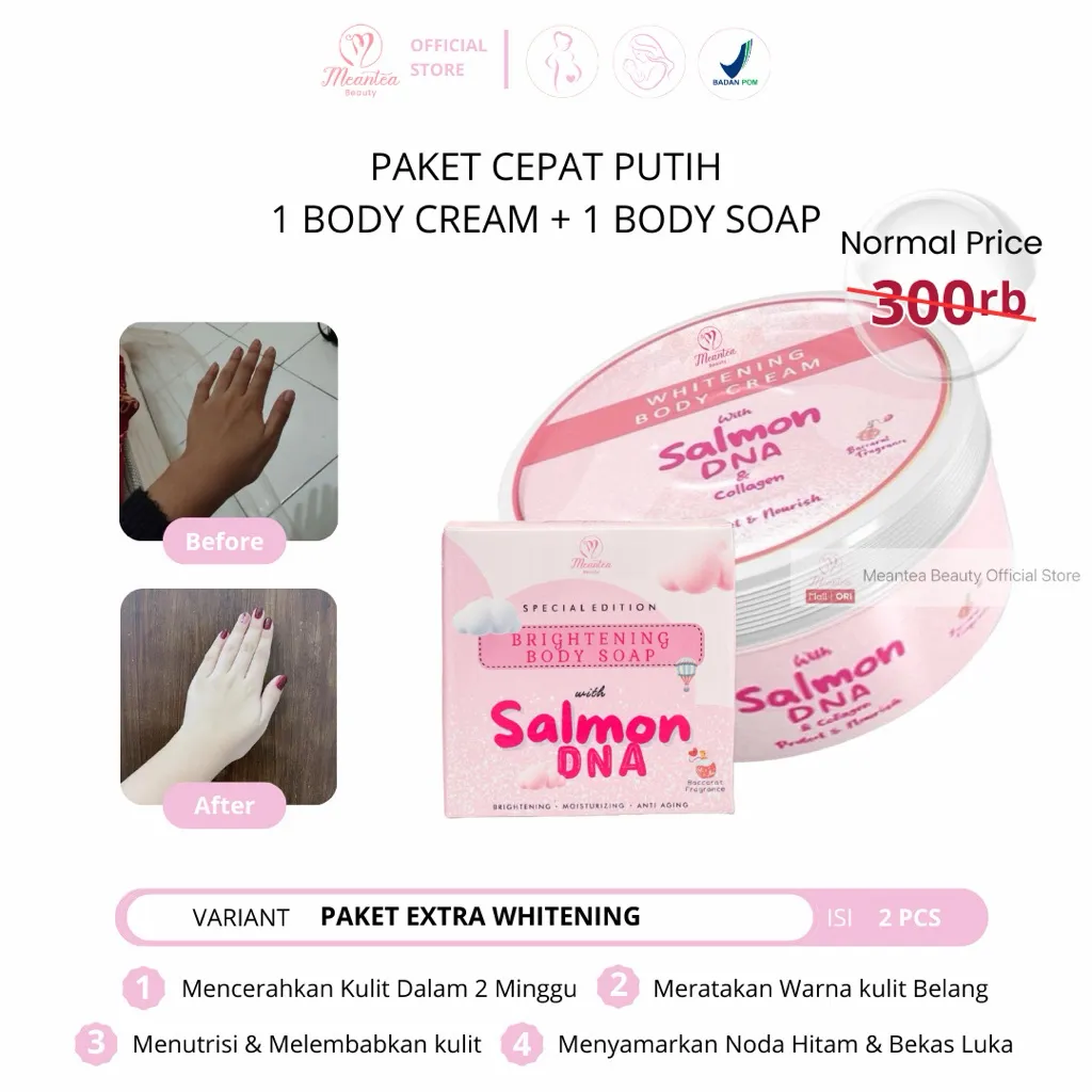 Meantea Beauty - (Paket Cepat Putih) Body Cream + Body Soap | 10x Extra Whitening BPOM