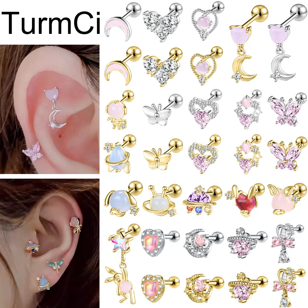 TurmCi 1 Buah 16G/20G Anting Tindik Stainless Steel Ear Studs kupu kupu Hati Crystal Stud Earrings 6mm Helix Conch Cartilage Piercing Earrings