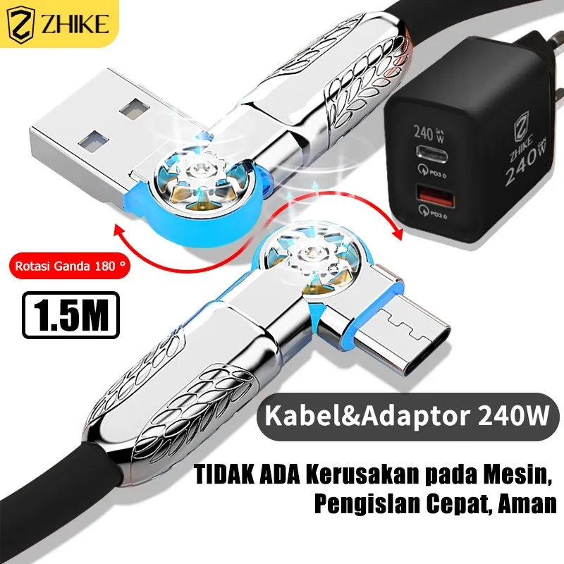 ZHIKE Kabel Fast Charging 240W Adaptor 180° Putar Jalur Pengisian Super Cepat 1.5M Silikon Cair Quick Kabel Data USB A ke Type-C Micro USB Antarmuka logam Charger Cable Untuk XIAOMI VIVO OPPO infinix Samsung