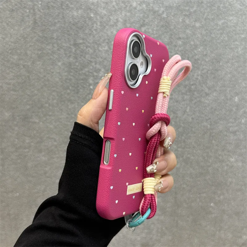 Warna Luxury Kecil Cinta Kulit Pattern Telepon Kasus untuk iPhone16 17 15 14 13 Pro Max Shockproof Elektroplated Photo Frame Protection Drop-proof Hard Back Cover