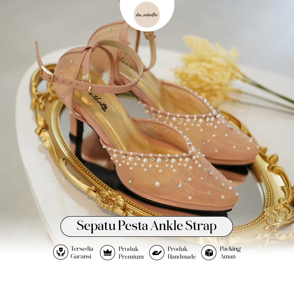 Deu_Calantha Sepatu Pesta Wanita Wedding Shoes Selop Ankle Strap Leona Heels 8 Cm Platform 1 Cm Berbahan Brokat Insole Empuk