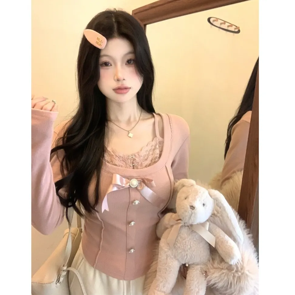 Gaya balet Korea T-shirt busur renda merah muda Lengan Panjang Gaya Istana Lace Top